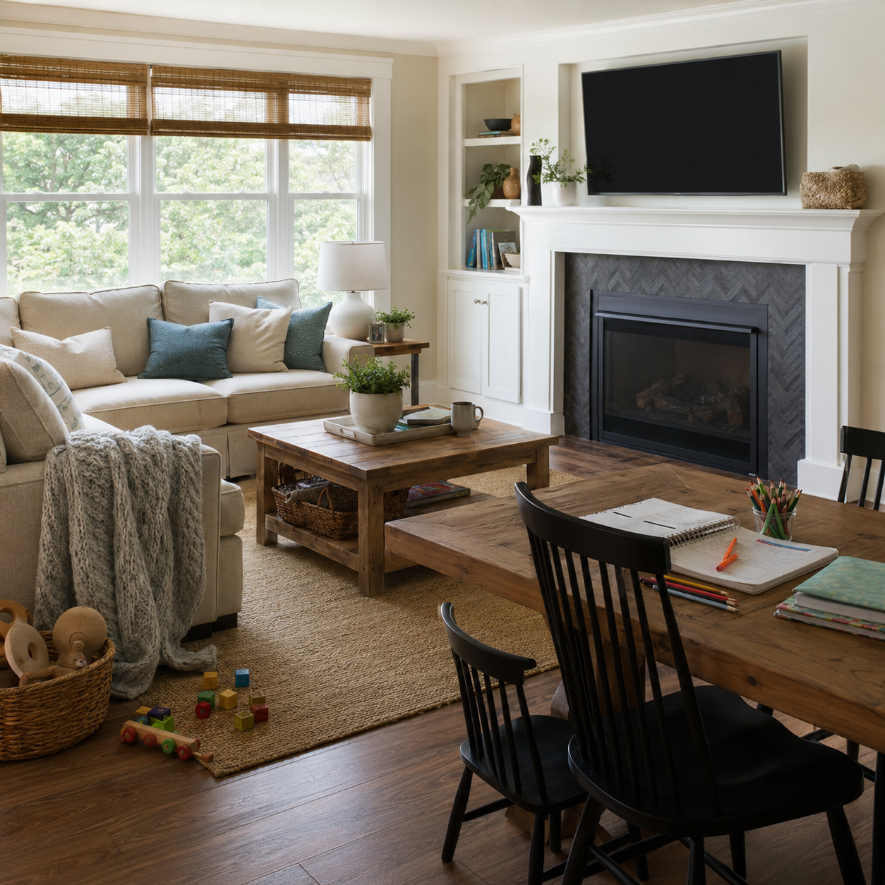 A living room sectional and coffee table share the space with a wood dining table set up for homework and toys on the rug, showing how one room can serve more than one purpose