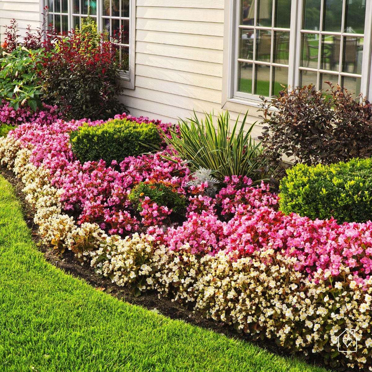 Garden bed with heavy-duty edging, decorative river rock, and stepping stones designed to improve drainage and keep mulch from washing away after rain.
