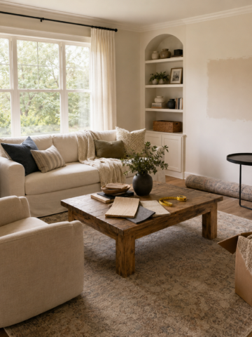 A living room in the middle of a makeover, with moving boxes, a rolled up rug, and fabric swatches laid out on a wood coffee table, showing the planning stage before new furniture arrives
