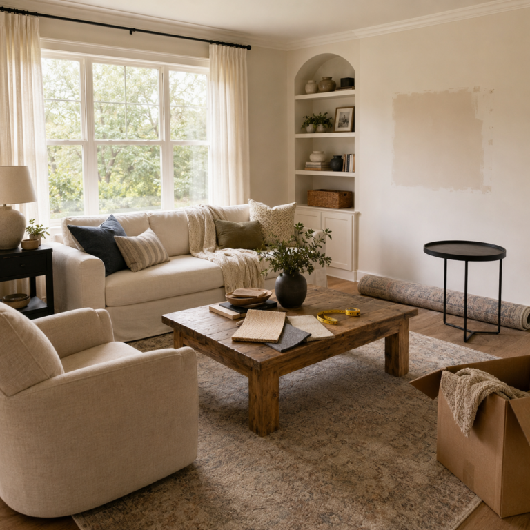A living room in the middle of a makeover, with moving boxes, a rolled up rug, and fabric swatches laid out on a wood coffee table, showing the planning stage before new furniture arrives