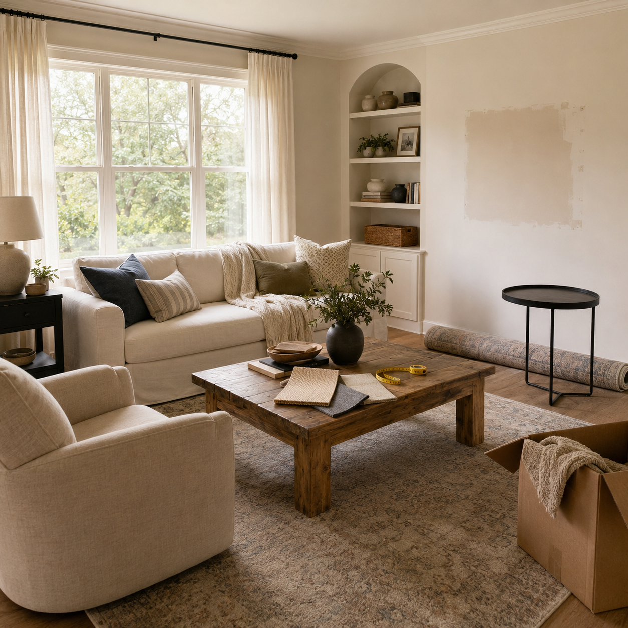 A living room in the middle of a makeover, with moving boxes, a rolled up rug, and fabric swatches laid out on a wood coffee table, showing the planning stage before new furniture arrives