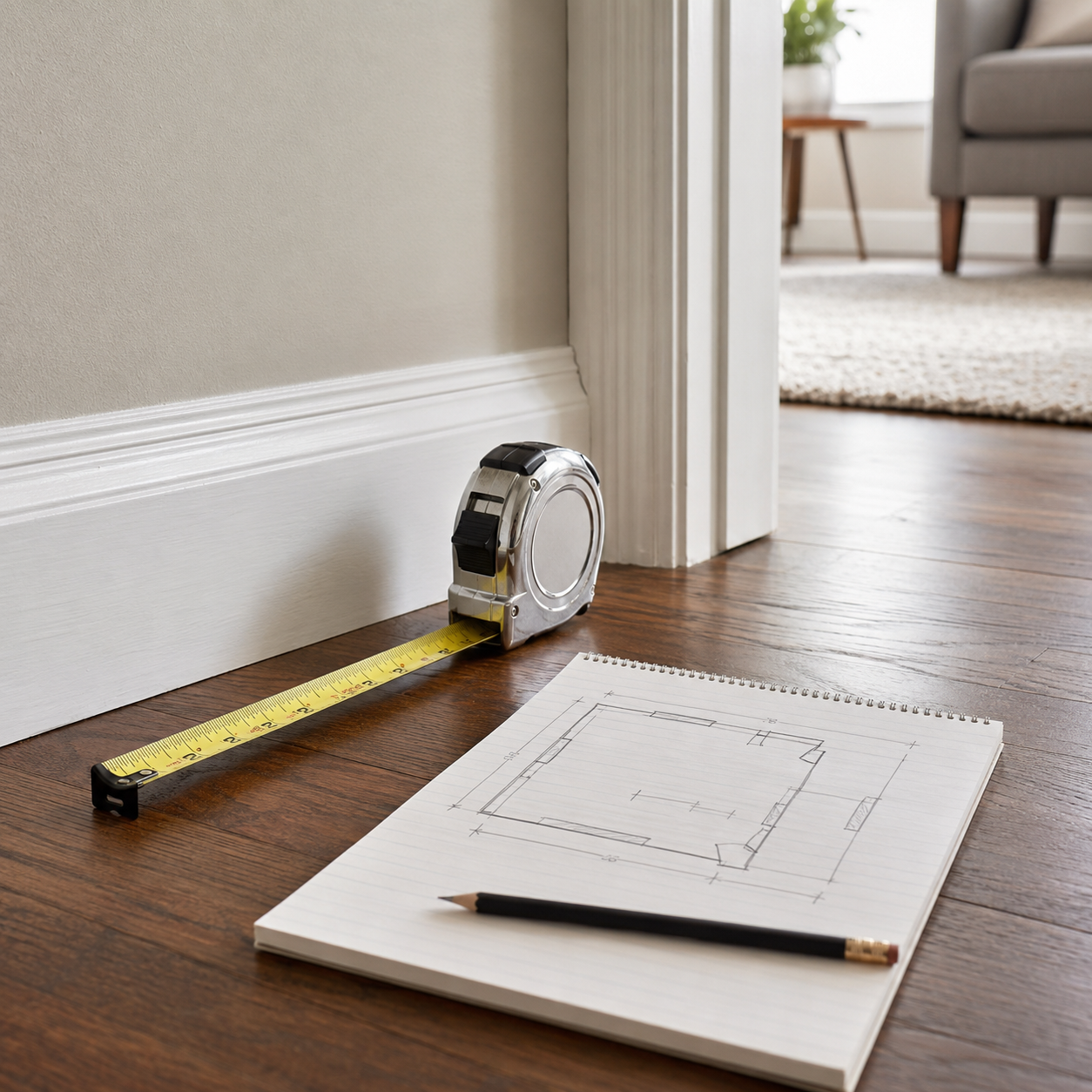 A tape measure stretched across a hardwood floor next to a notebook sketch of a room layout with dimensions marked, showing how to measure a space before buying furniture