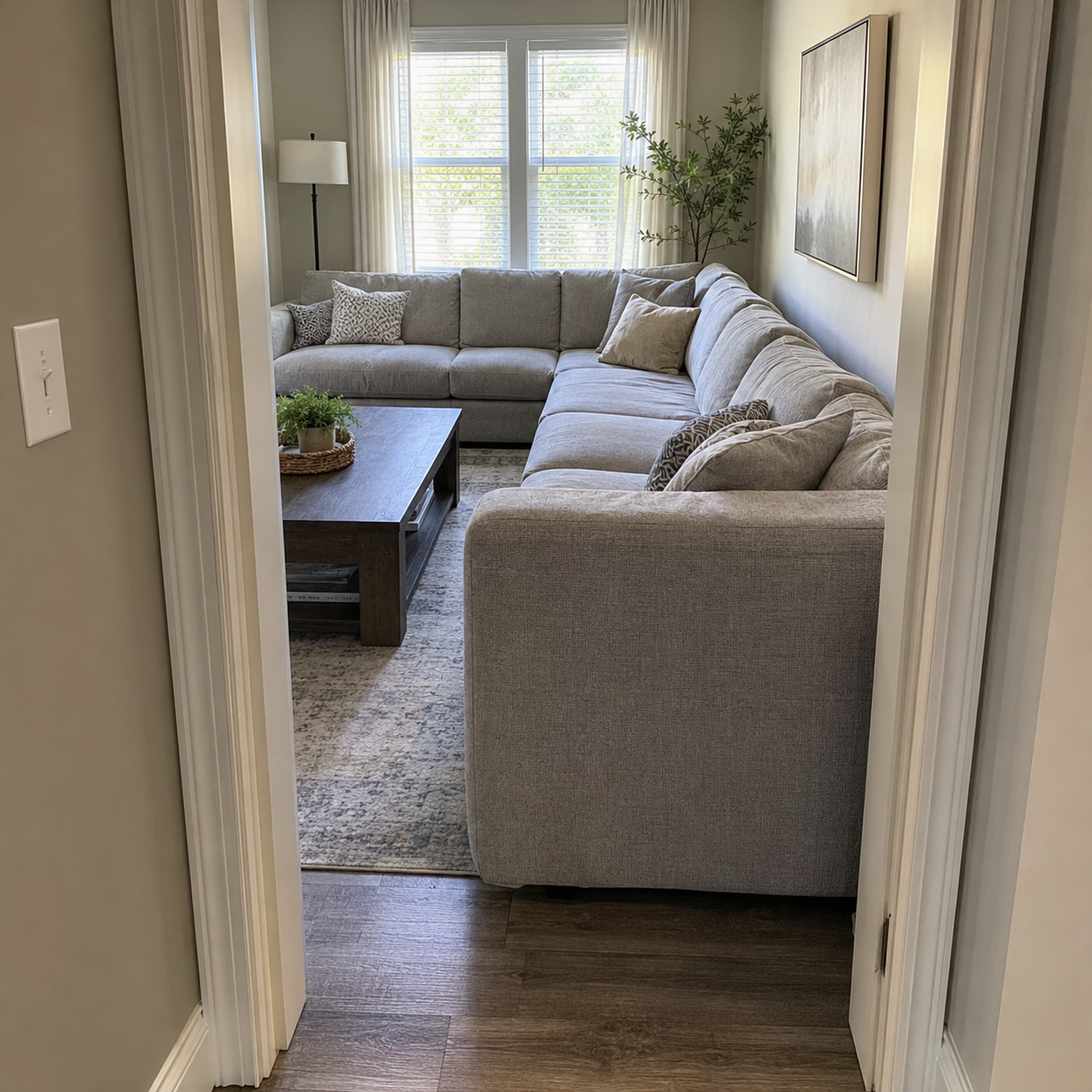 A large gray sectional sofa fills a narrow living room and blocks part of the doorway, an example of what happens when a piece is bought without measuring first