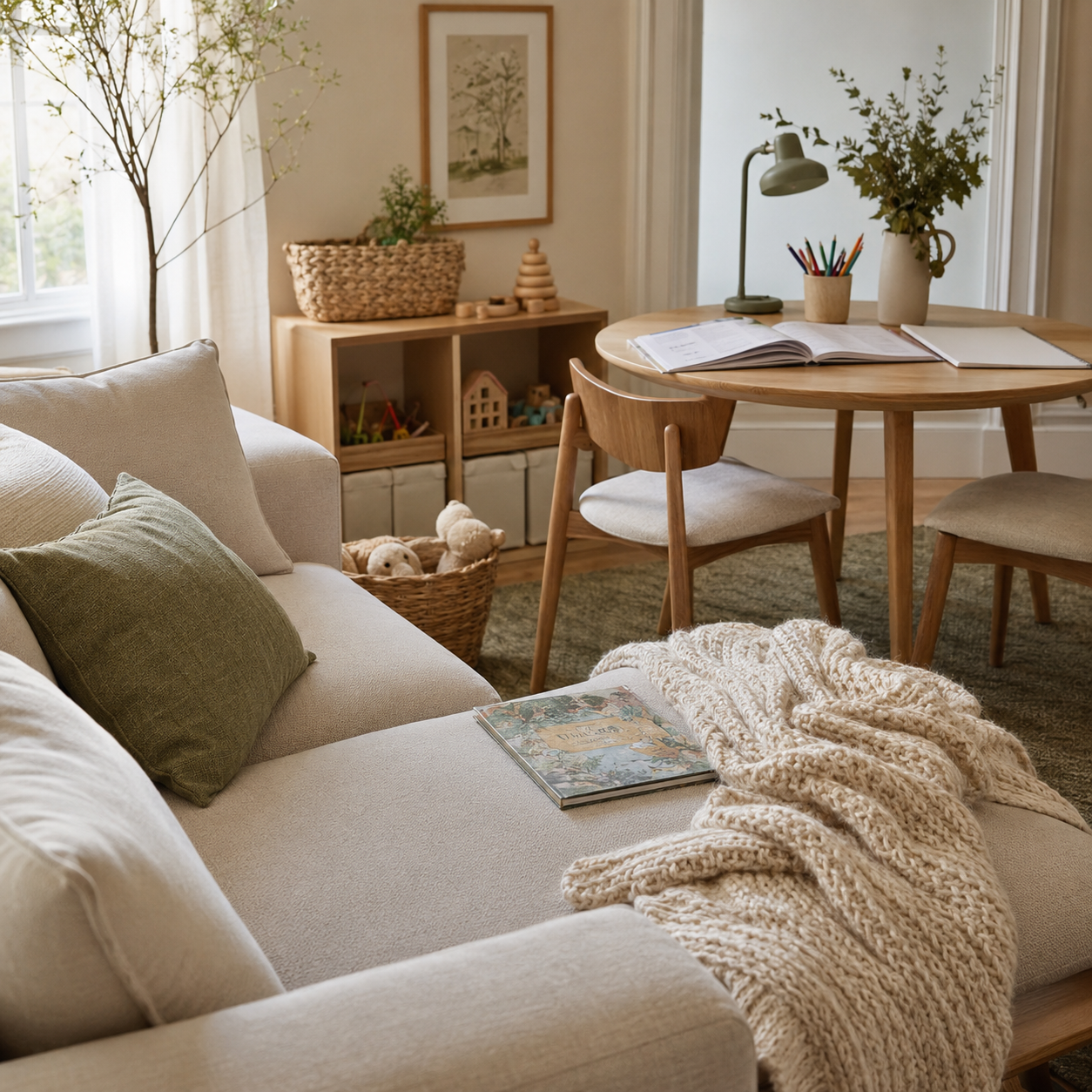A cozy sectional corner with a knit throw sits near a round table set up for kids activities, an example of a room that needs to handle more than one job