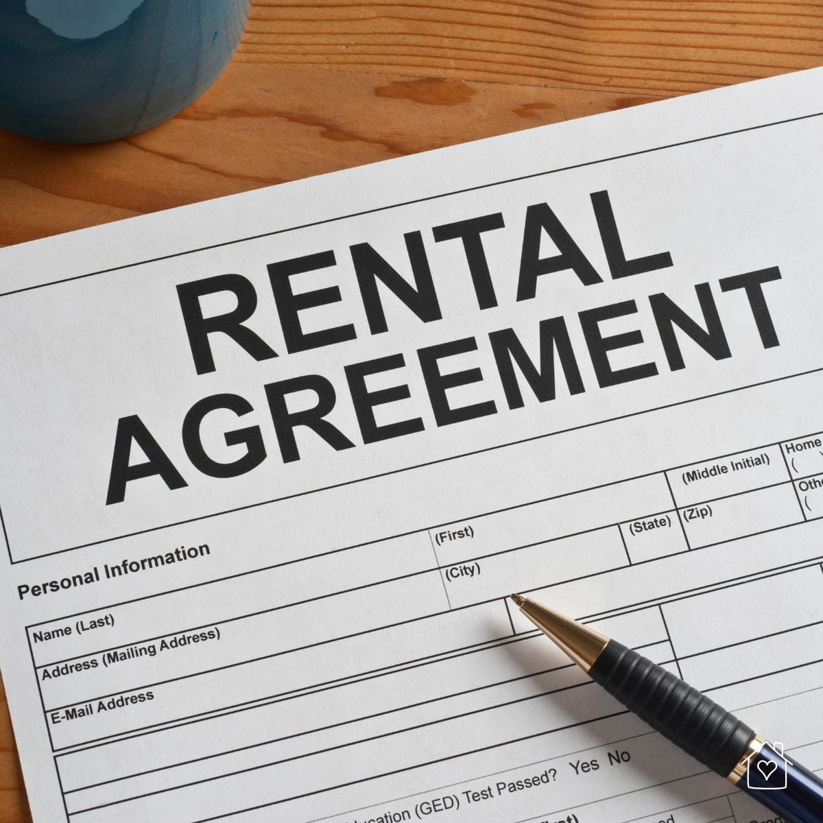 Close-up of a rental agreement form and pen on a wooden table.