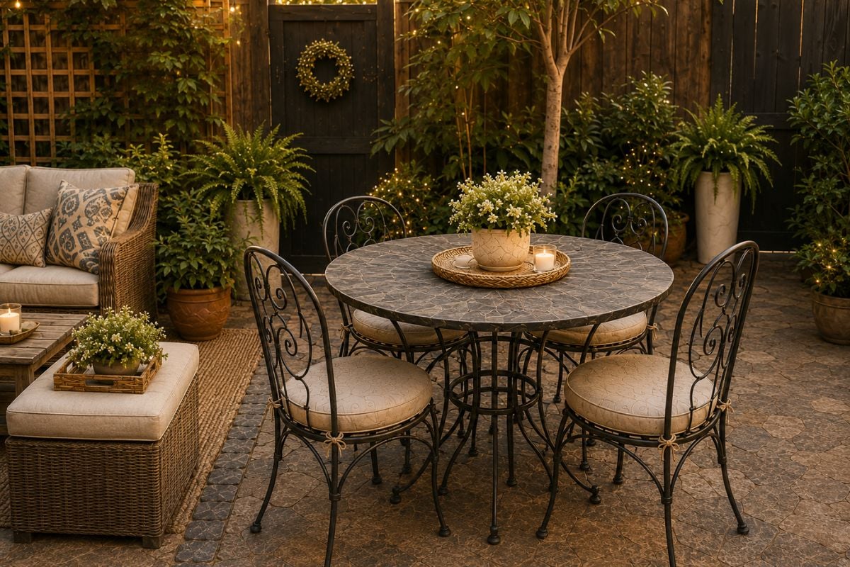 Round wrought iron dining table and chairs set up in a small backyard dining zone