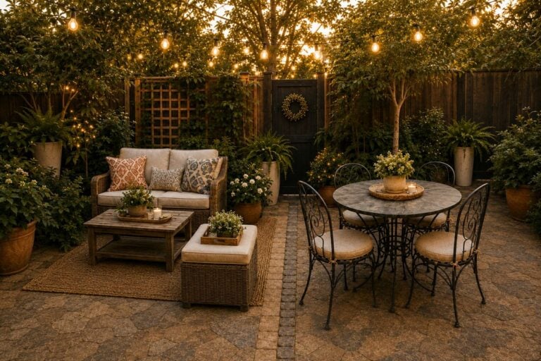 Small backyard patio split into a dining zone and a lounge zone with string lights overhead