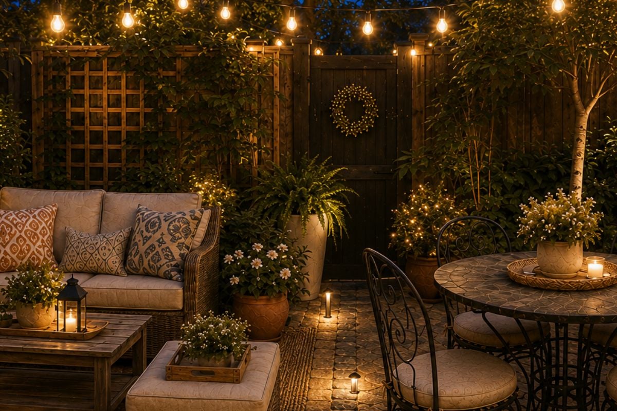 Small backyard patio at night with string lights, a lantern, and path lighting layered across both zones