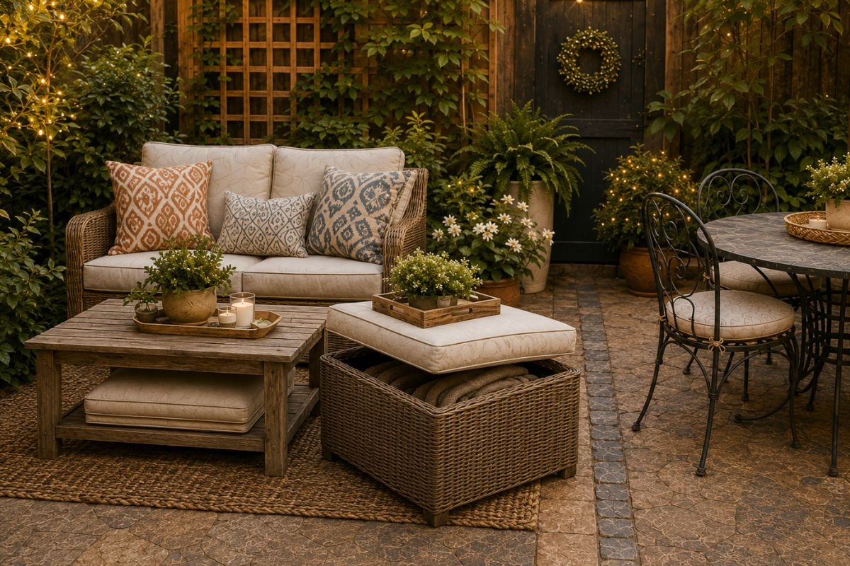 Small backyard lounge corner with a wicker loveseat, storage ottoman, and wood coffee table for extra seating