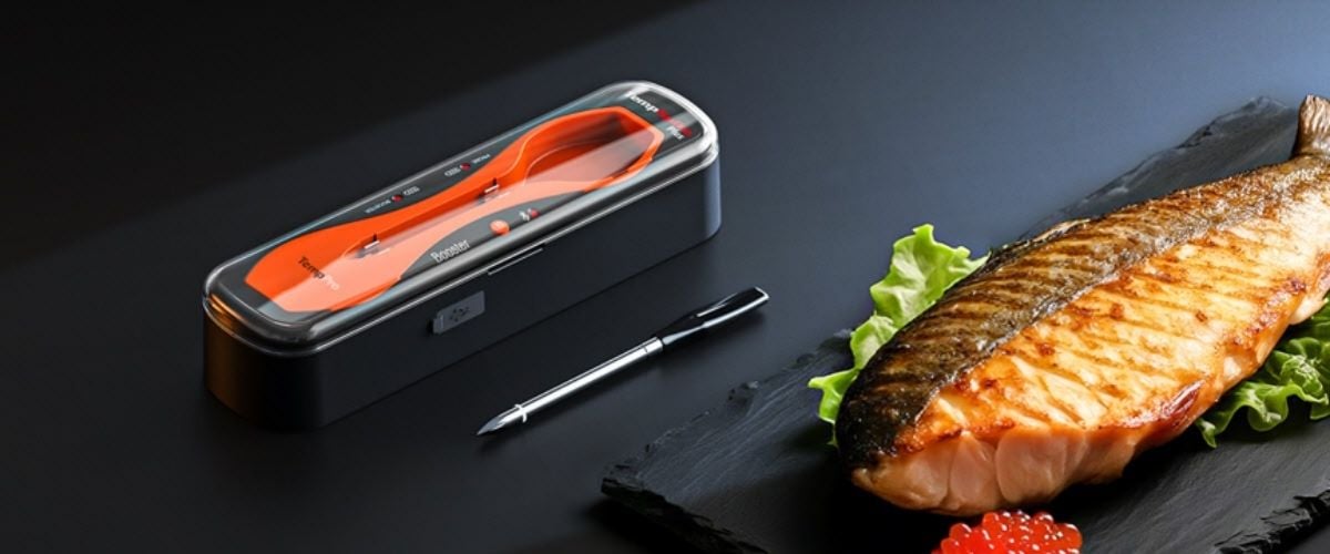 TempPro TempSpike Plus wireless meat thermometer probe and charging case next to a grilled salmon fillet