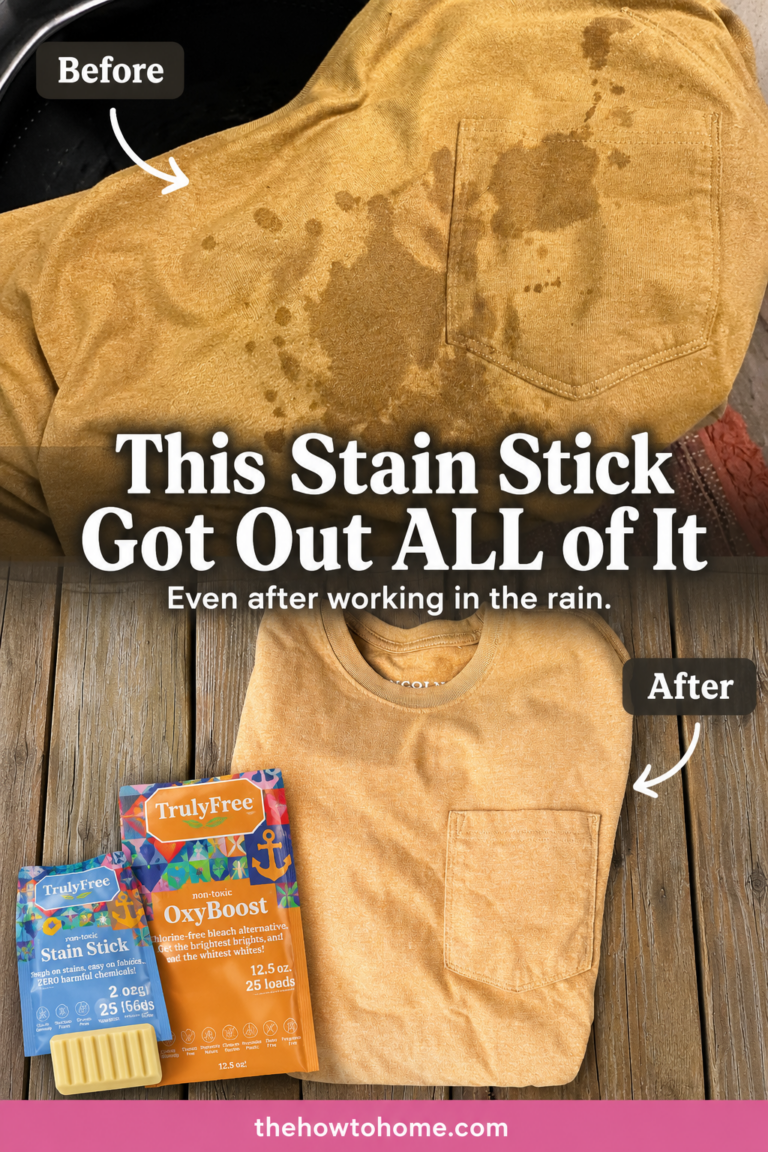 Before and after showing mustard yellow shirt covered in mud stains from outdoor work in the rain, then clean and folded after using Truly Free stain stick and OxyBoost