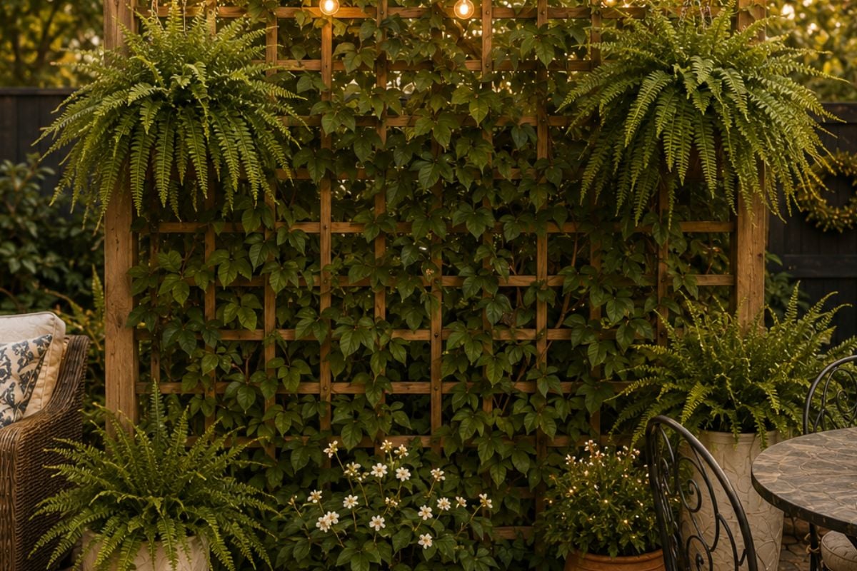 Wood trellis covered in greenery and hanging ferns adding privacy to a small backyard