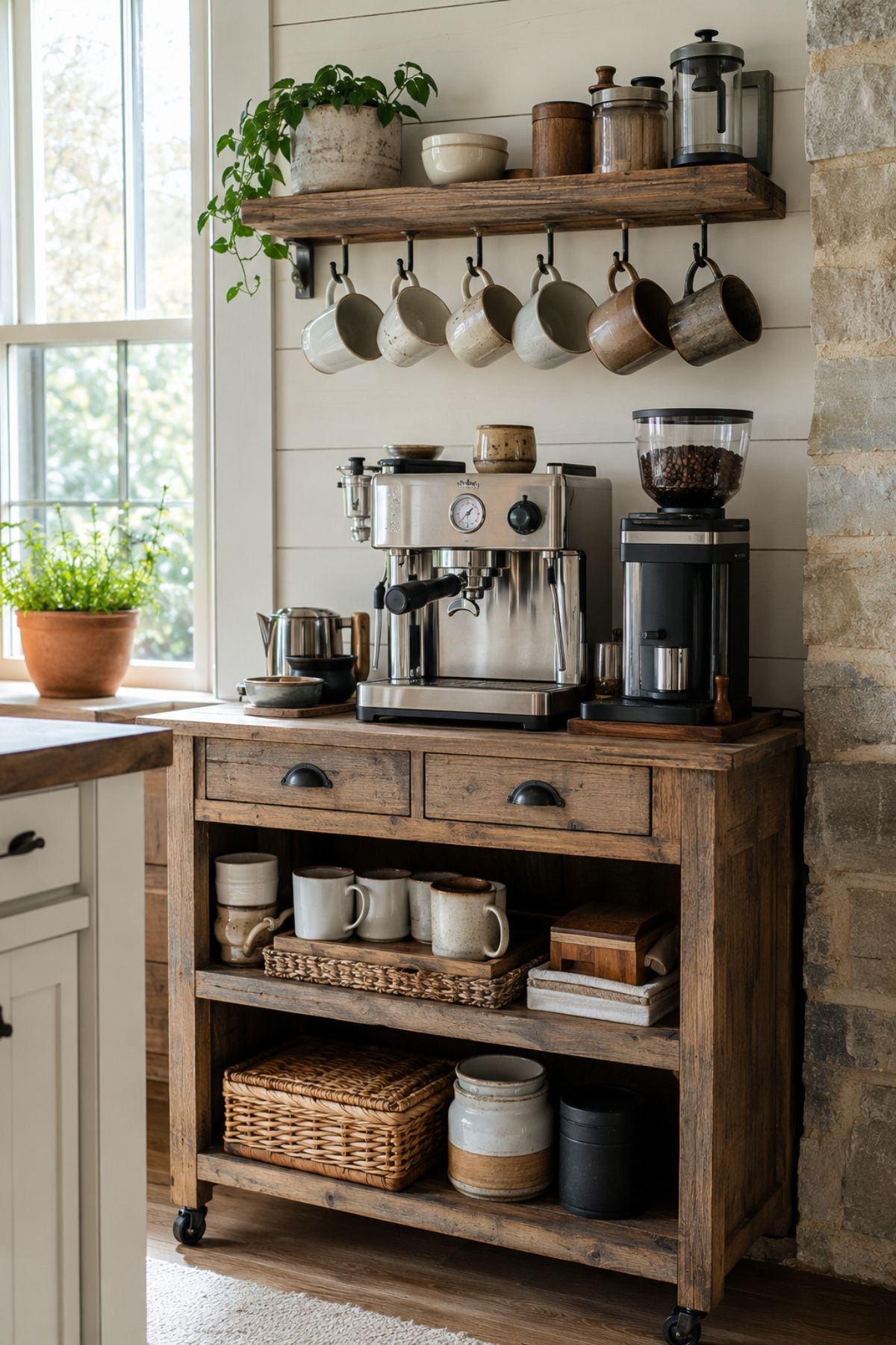 coffee bar ideas in a farmhouse kitchen corner with a rustic rolling cart, hanging mugs, espresso machine and grinder