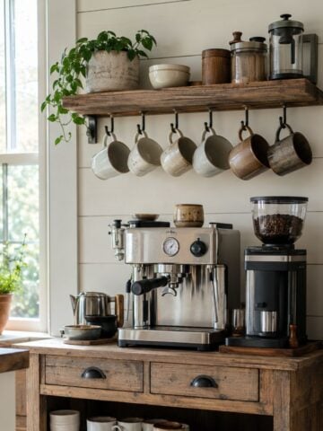 coffee bar ideas in a farmhouse kitchen corner with a rustic rolling cart, hanging mugs, espresso machine and grinder