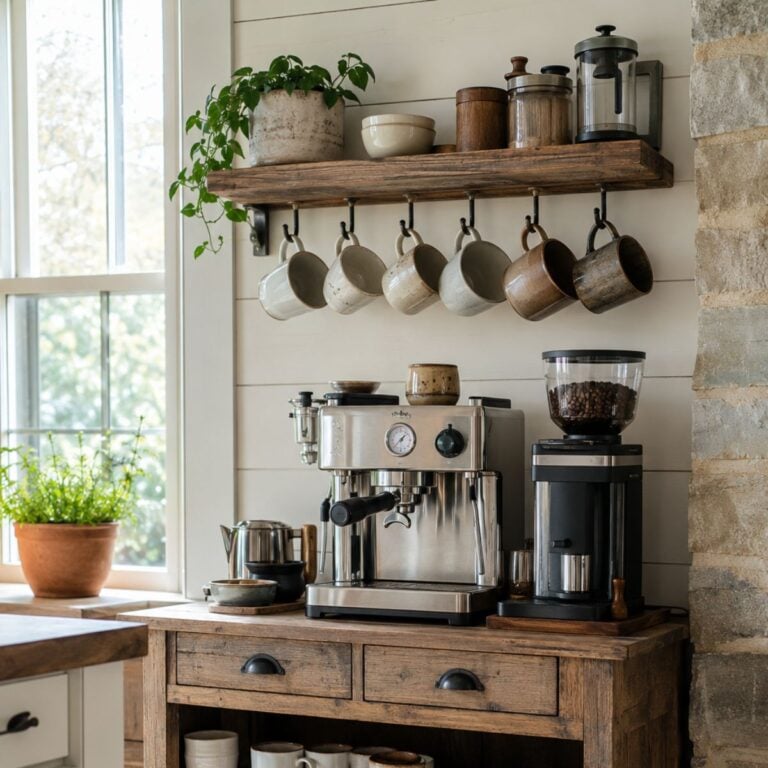 coffee bar ideas in a farmhouse kitchen corner with a rustic rolling cart, hanging mugs, espresso machine and grinder