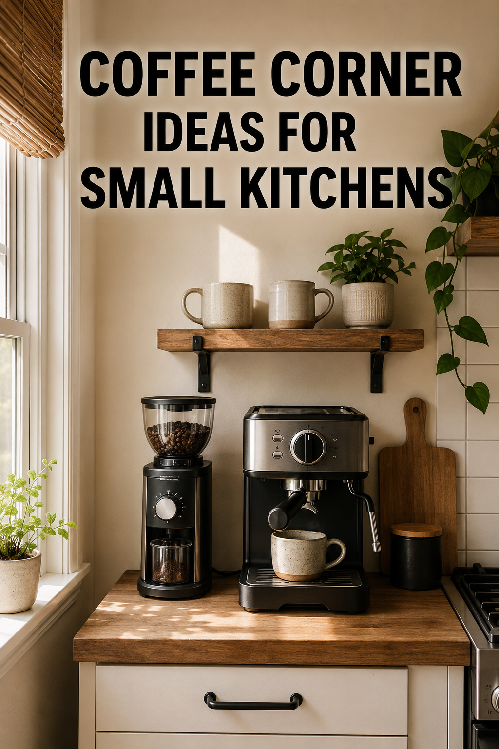 Small kitchen coffee corner with espresso machine, grinder, and mugs on a wood shelf, styled with plants and natural light
