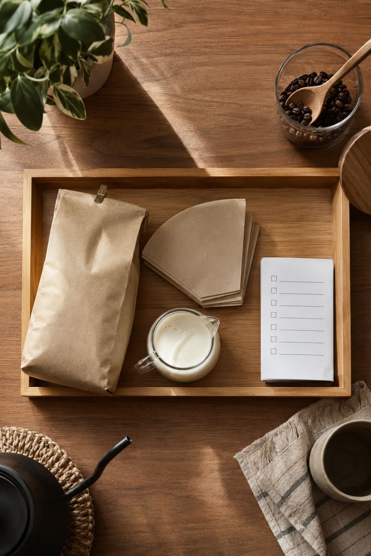 coffee corner restocking tray holding a bag of beans, paper filters, a jug of milk, and a planning checklist