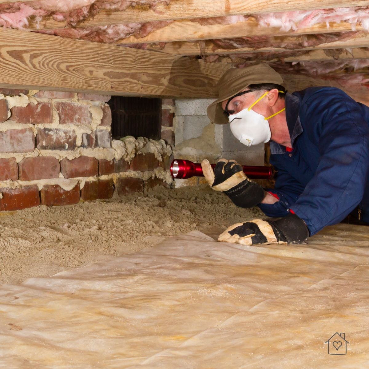 A professional inspecting a home's crawl space entrance for signs of damage