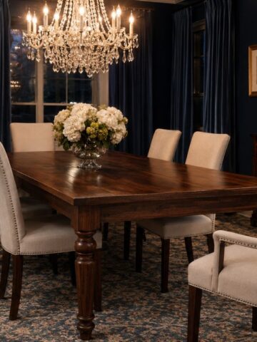 Elegant formal dining room with a solid wood dining table, upholstered chairs, crystal chandelier, and dark blue walls