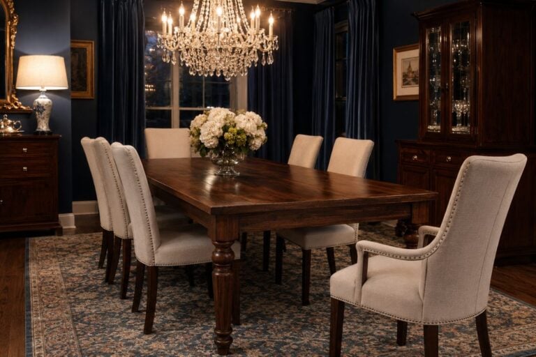 Elegant formal dining room with a solid wood dining table, upholstered chairs, crystal chandelier, and dark blue walls