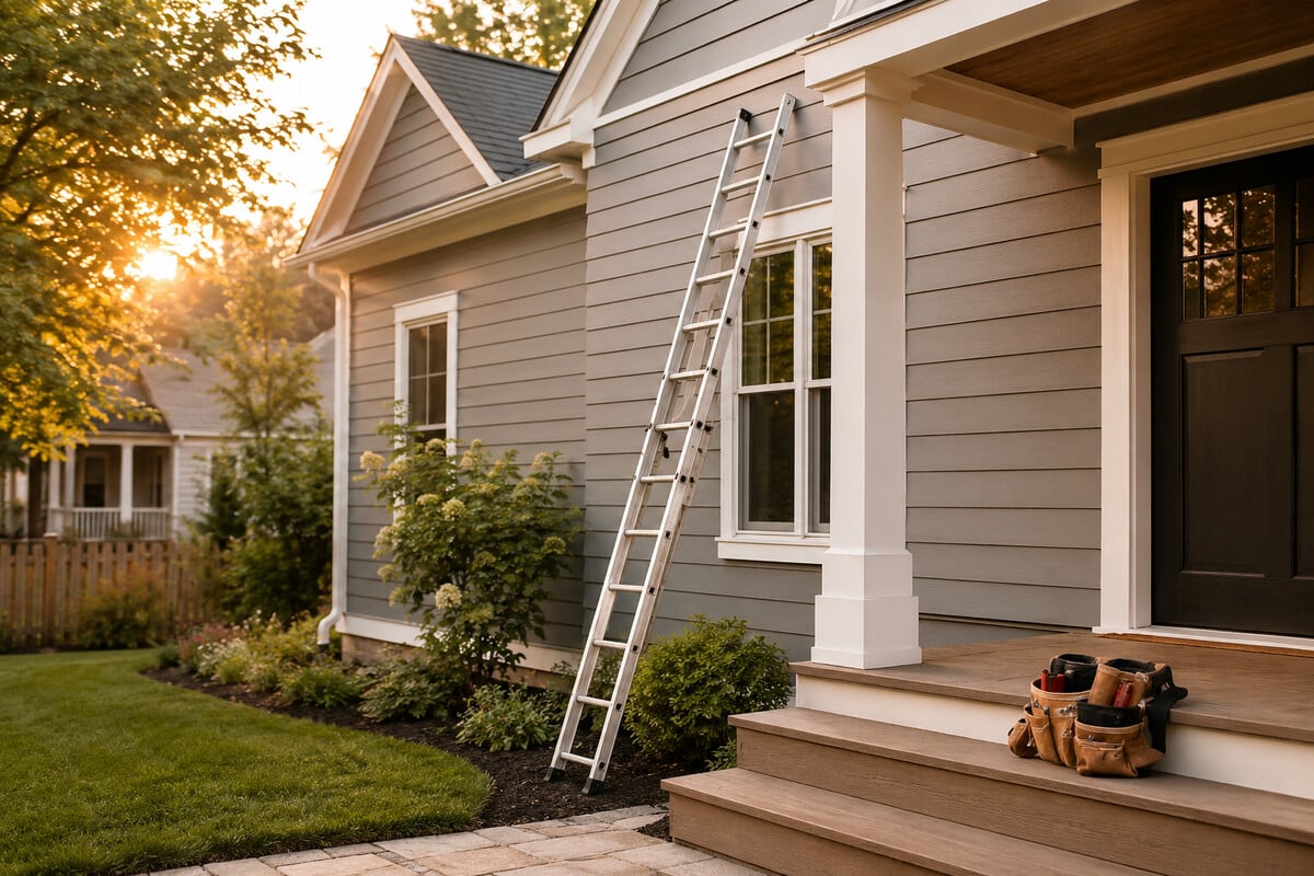 Ladder leaning against a home's siding near the front porch, with a contractor's tool belt resting on the steps at golden hour