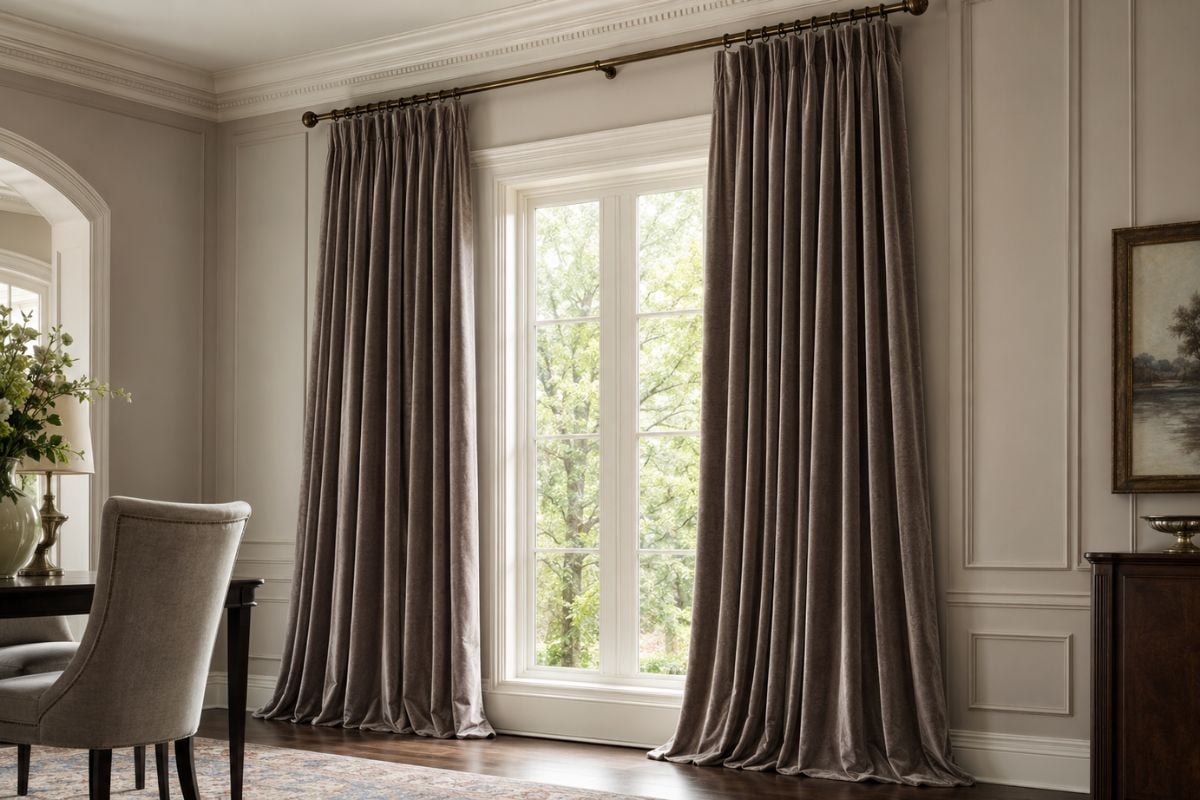 Floor-length velvet curtains hung above a window frame to create the illusion of taller ceilings in an elegant dining room