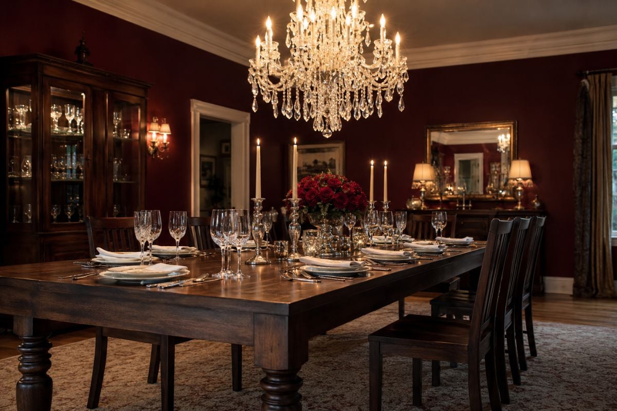 Formal dining room with a crystal chandelier above a wood table set with fine tableware, candles, and red roses