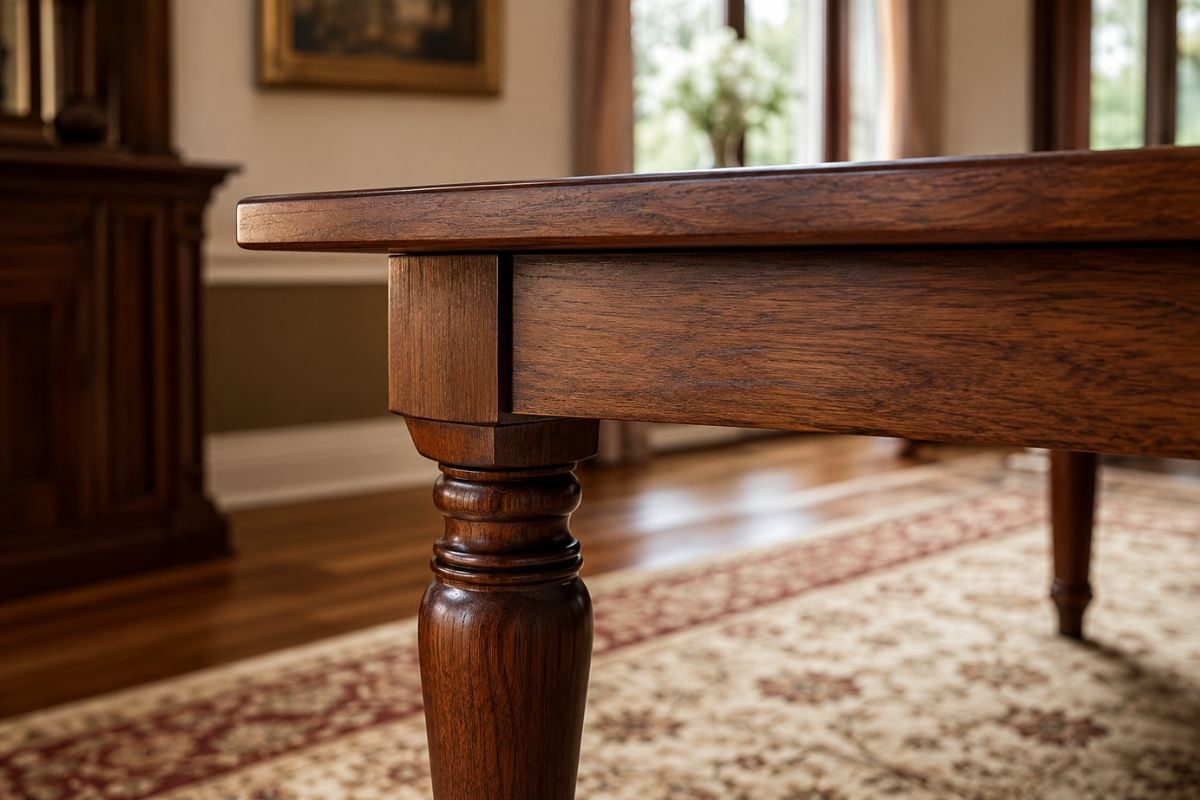 Close-up of a handcrafted solid wood dining table with a simple turned leg and rich wood grain, showing quality Amish craftsmanship