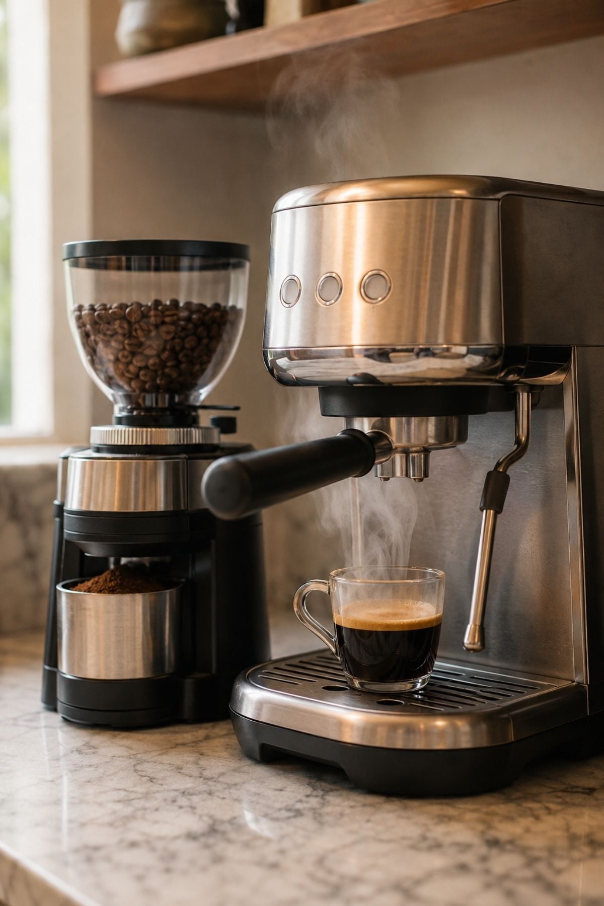 espresso machine and burr grinder side by side on a home coffee bar counter, pulling a fresh shot