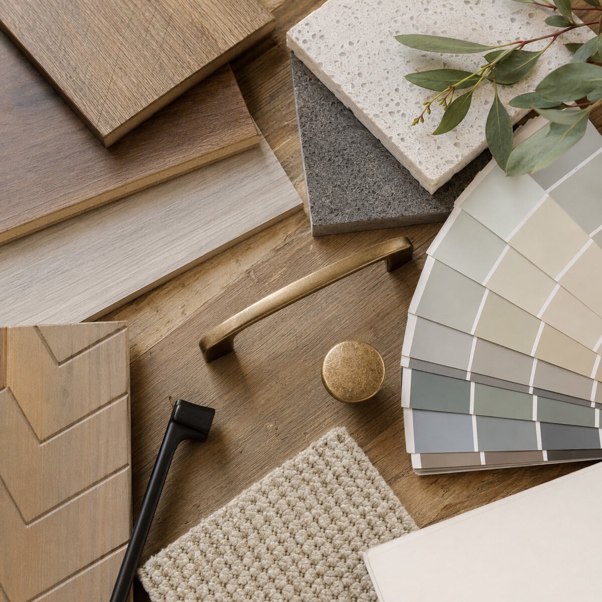 Flat lay of home renovation material samples including wood flooring, countertop swatches, cabinet hardware, and a paint fan deck