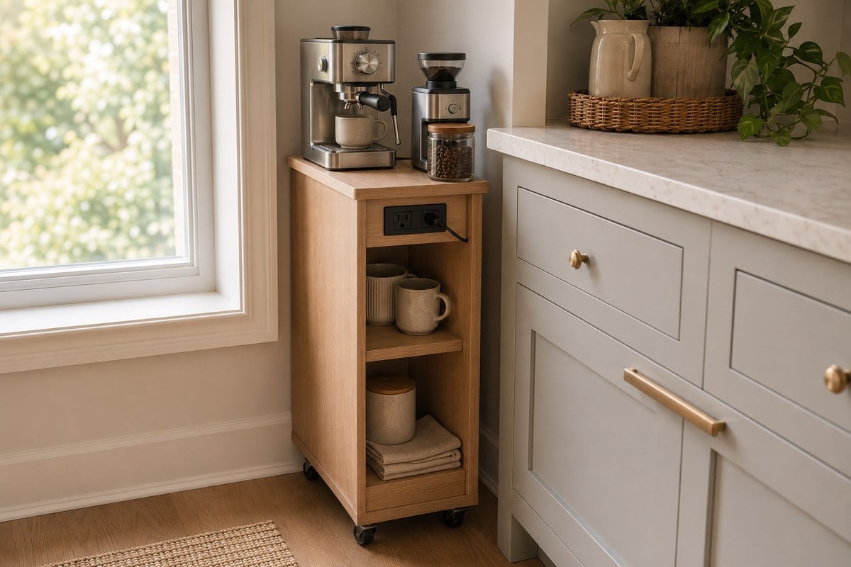 slim vertical coffee cart with a built in outlet fits a narrow gap beside kitchen cabinets, holding an espresso machine, grinder, and mugs