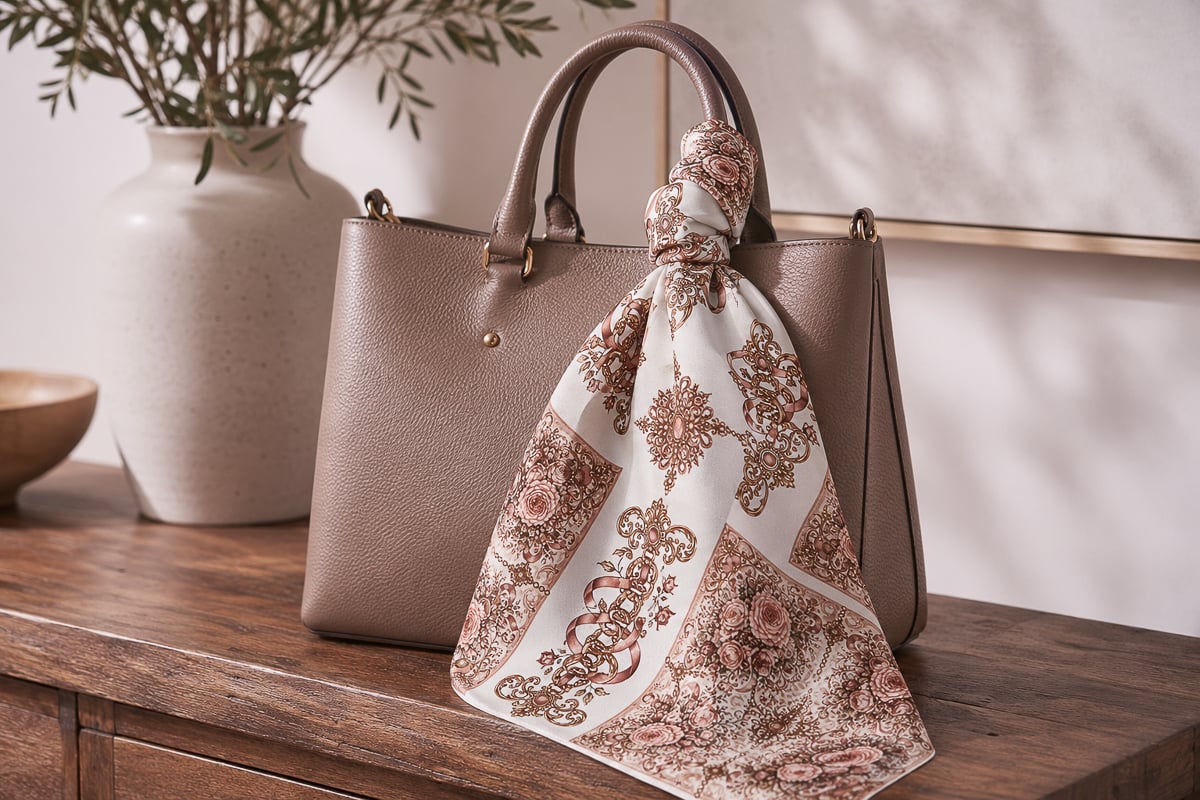 Sublimation scarf tied on a taupe handbag handle as a styling idea