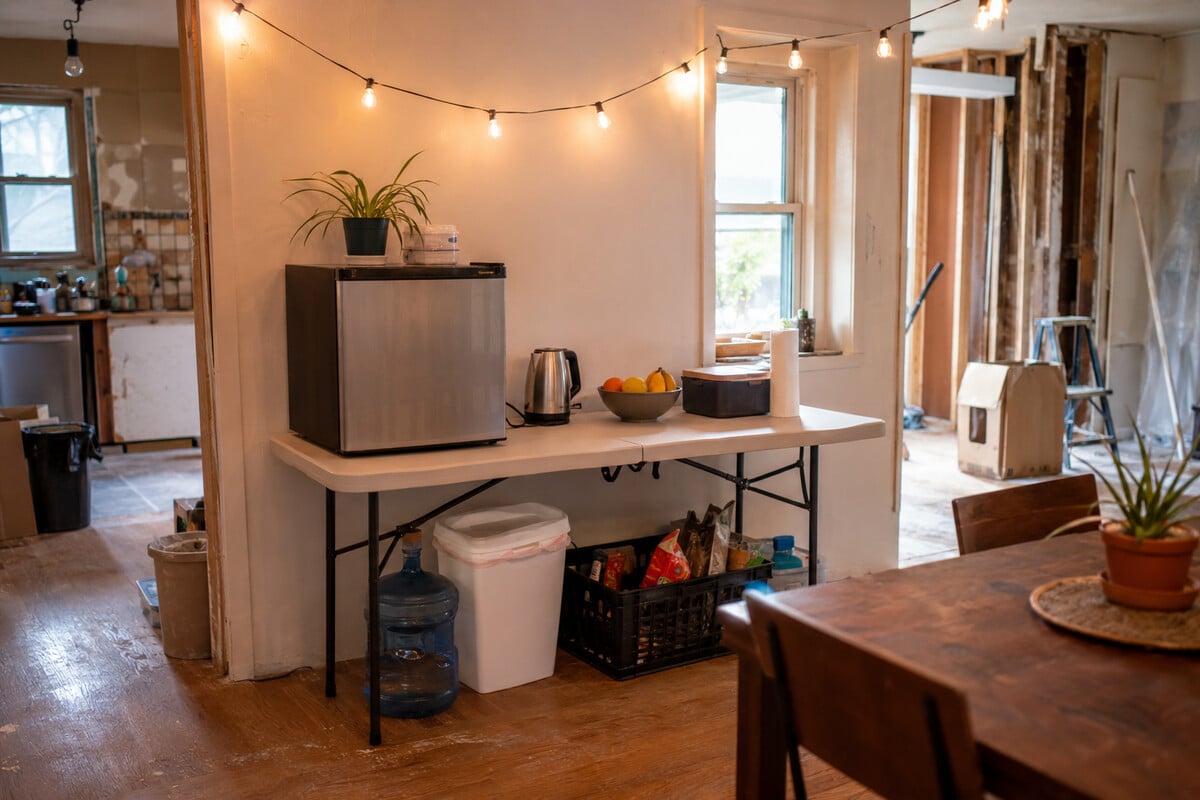 A folding table set up as a temporary kitchen with a mini fridge, electric kettle, and string lights during a home renovation