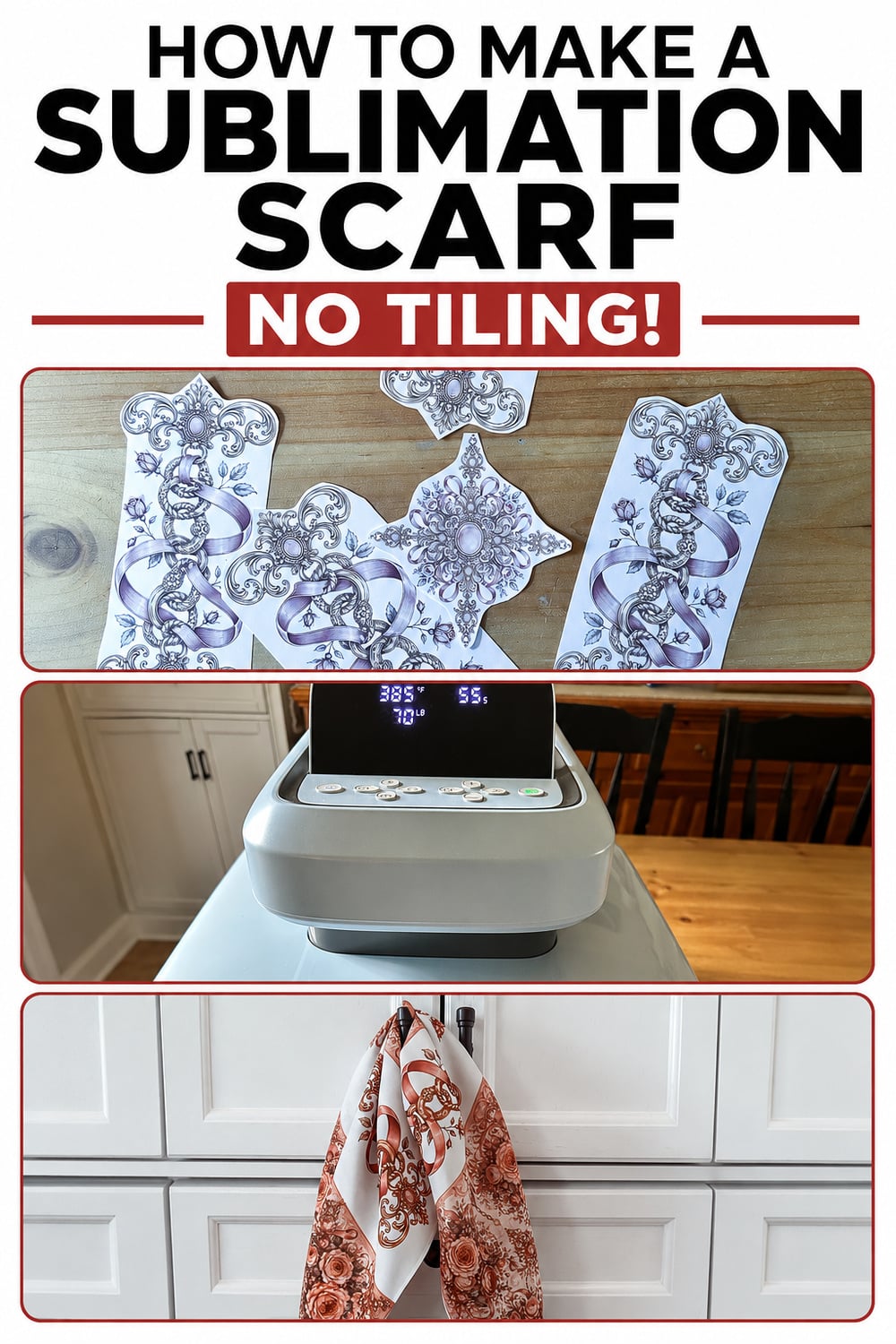 Three step guide to making a sublimation scarf without tiling, the cut floral pieces, the heat press in action, and the finished scarf