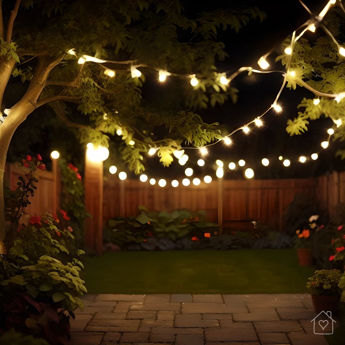 Warm string lights glow across a backyard patio at night, strung through tree branches above a stone paved area