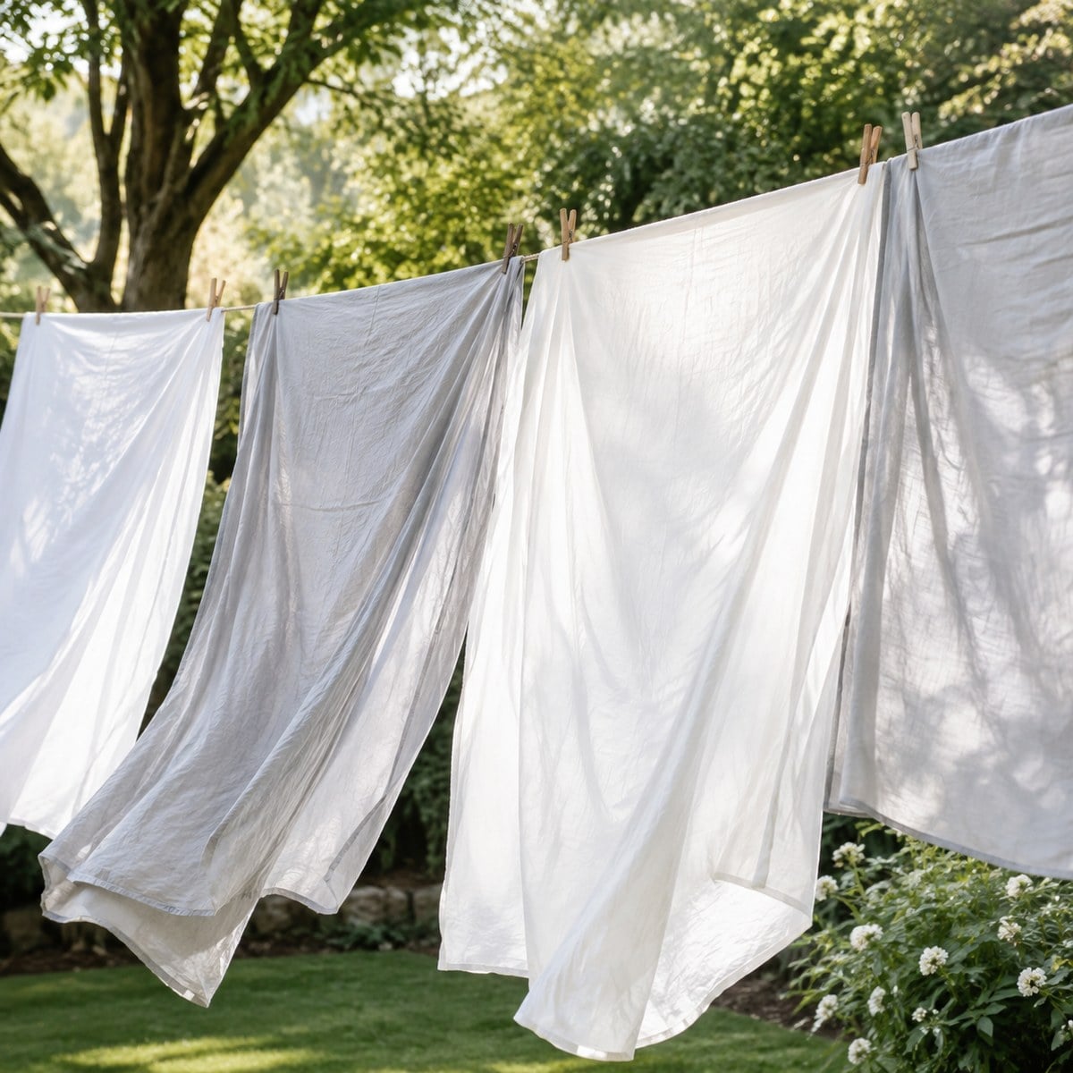 White and gray bed sheets air drying on a clothesline in the sunshine