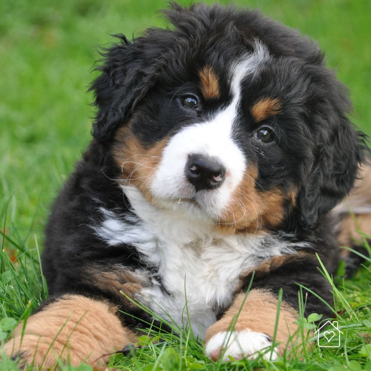 Bernese Mountain Dog puppy lying in green backyard grass