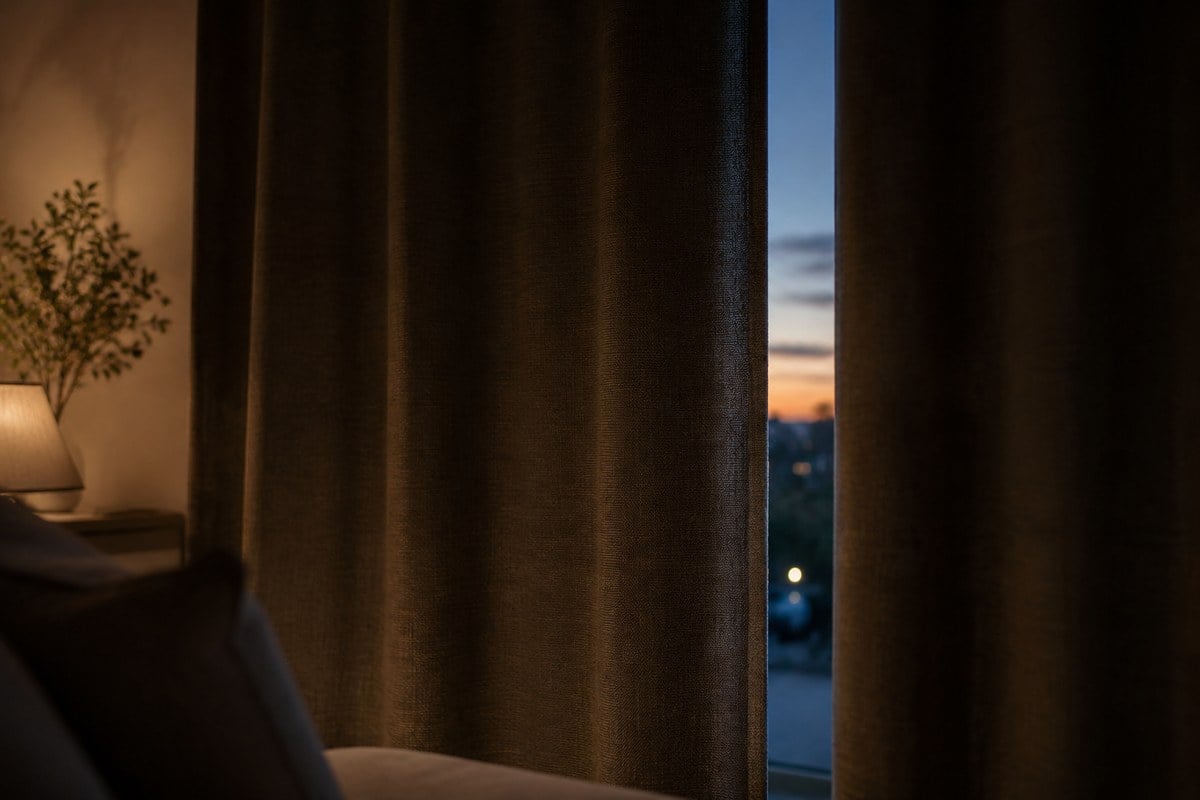 Blackout curtains drawn across a bedroom window at dusk, blocking outside light for better sleep