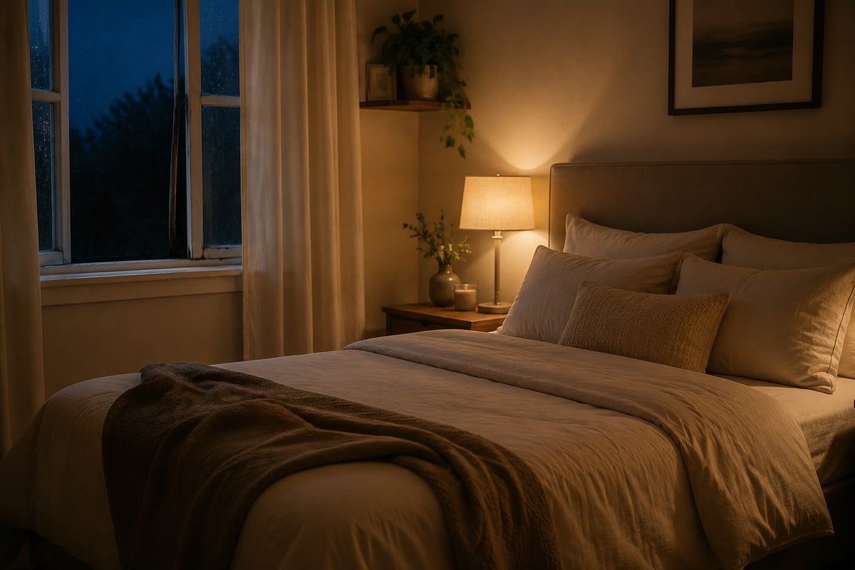 A cozy, dimly lit bedroom with soft bedding and warm lamp light, set up to help you sleep better