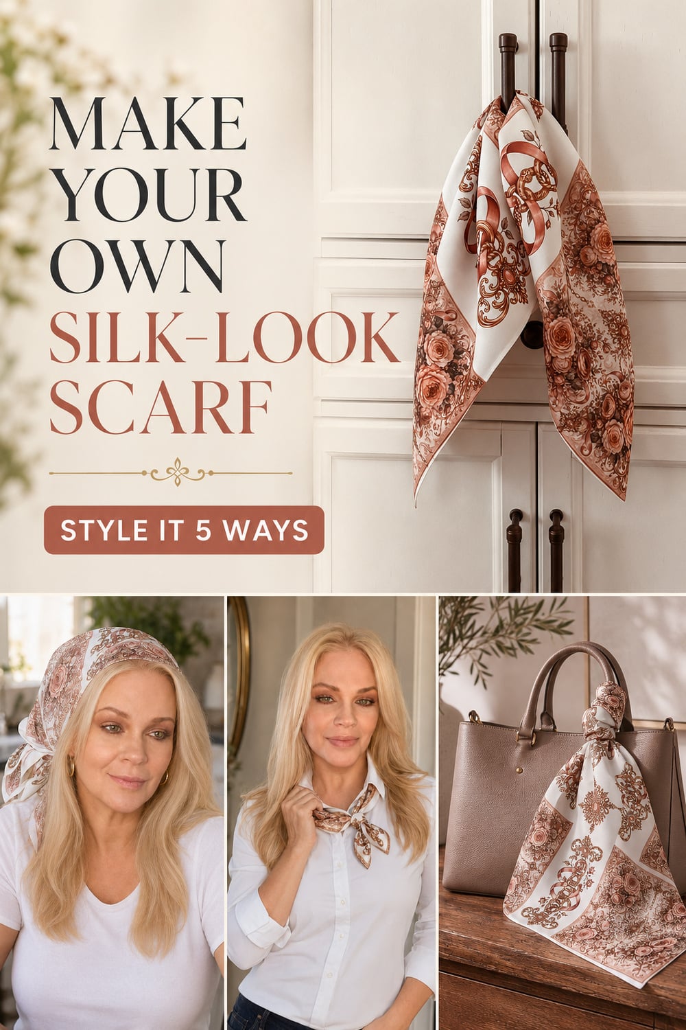 Make your own silk look sublimation scarf, shown worn as a head scarf, tied at the neck, and knotted on a handbag
