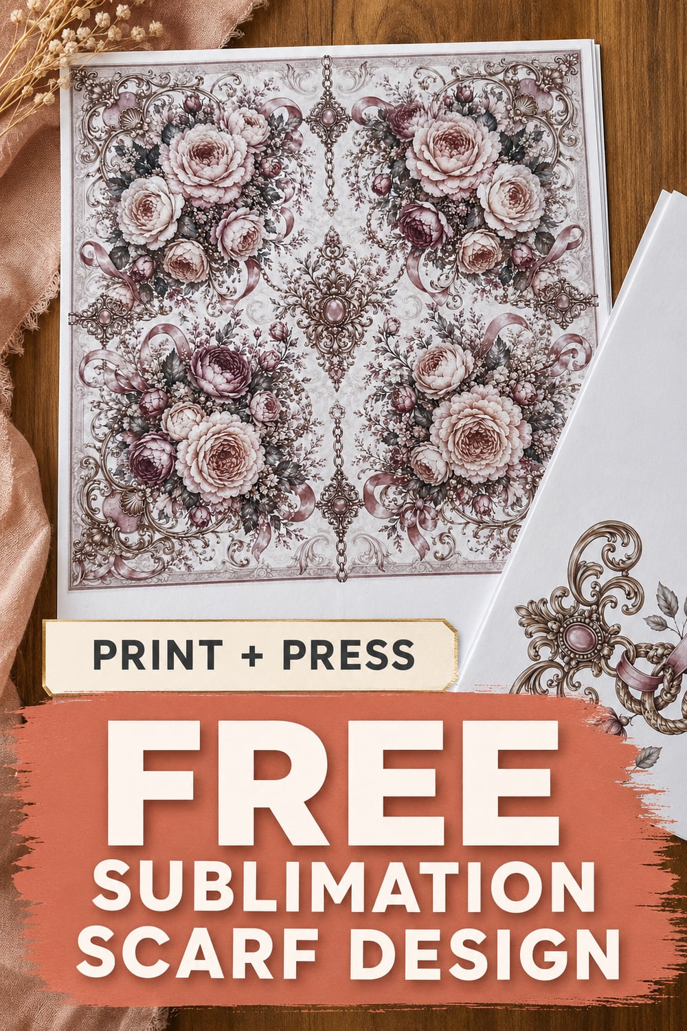 Free printable sublimation scarf design with romantic baroque florals, ready to print and press