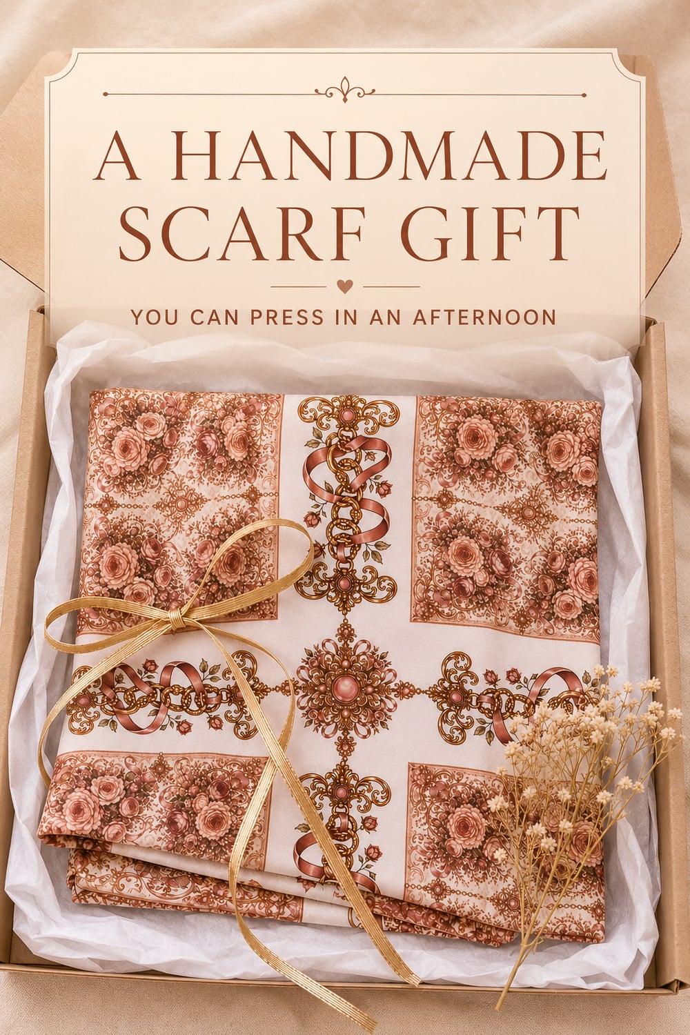 Finished handmade sublimation scarf folded in a kraft gift box with a gold ribbon