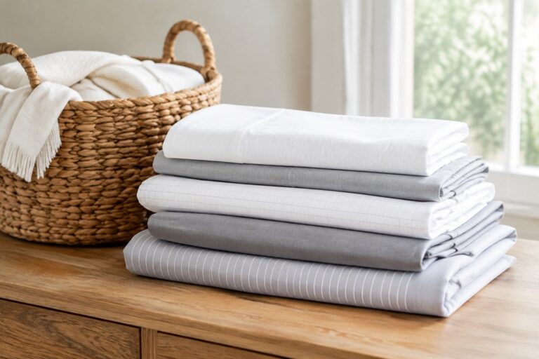 Freshly washed and folded white and gray bed sheets stacked beside a laundry basket