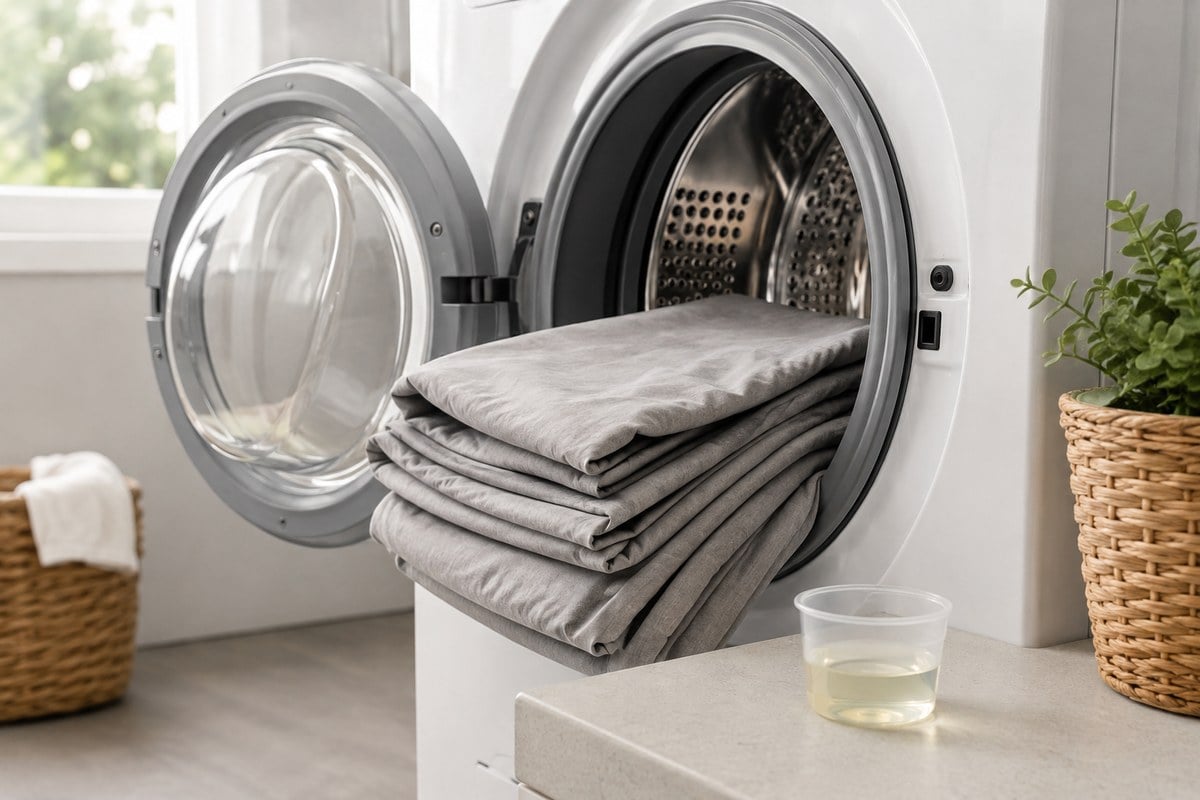Gray sheets in a front load washing machine with a cup of white vinegar nearby