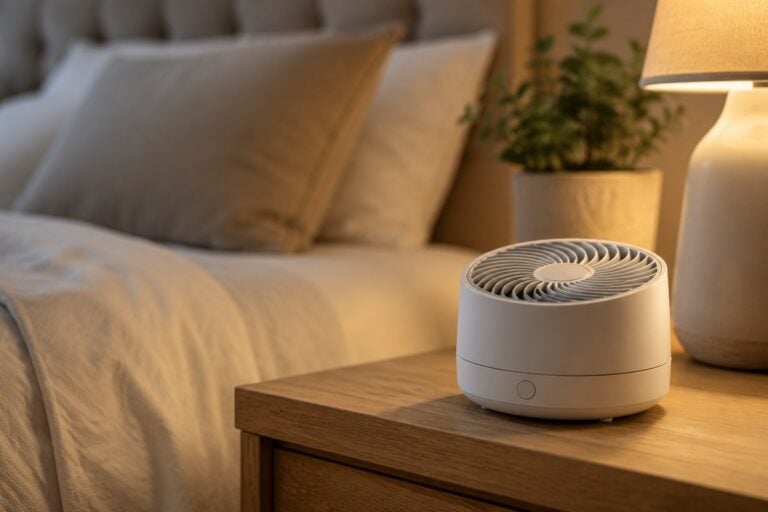 A white noise machine sitting on a bedroom nightstand beside a lamp, helping mask noise for better sleep