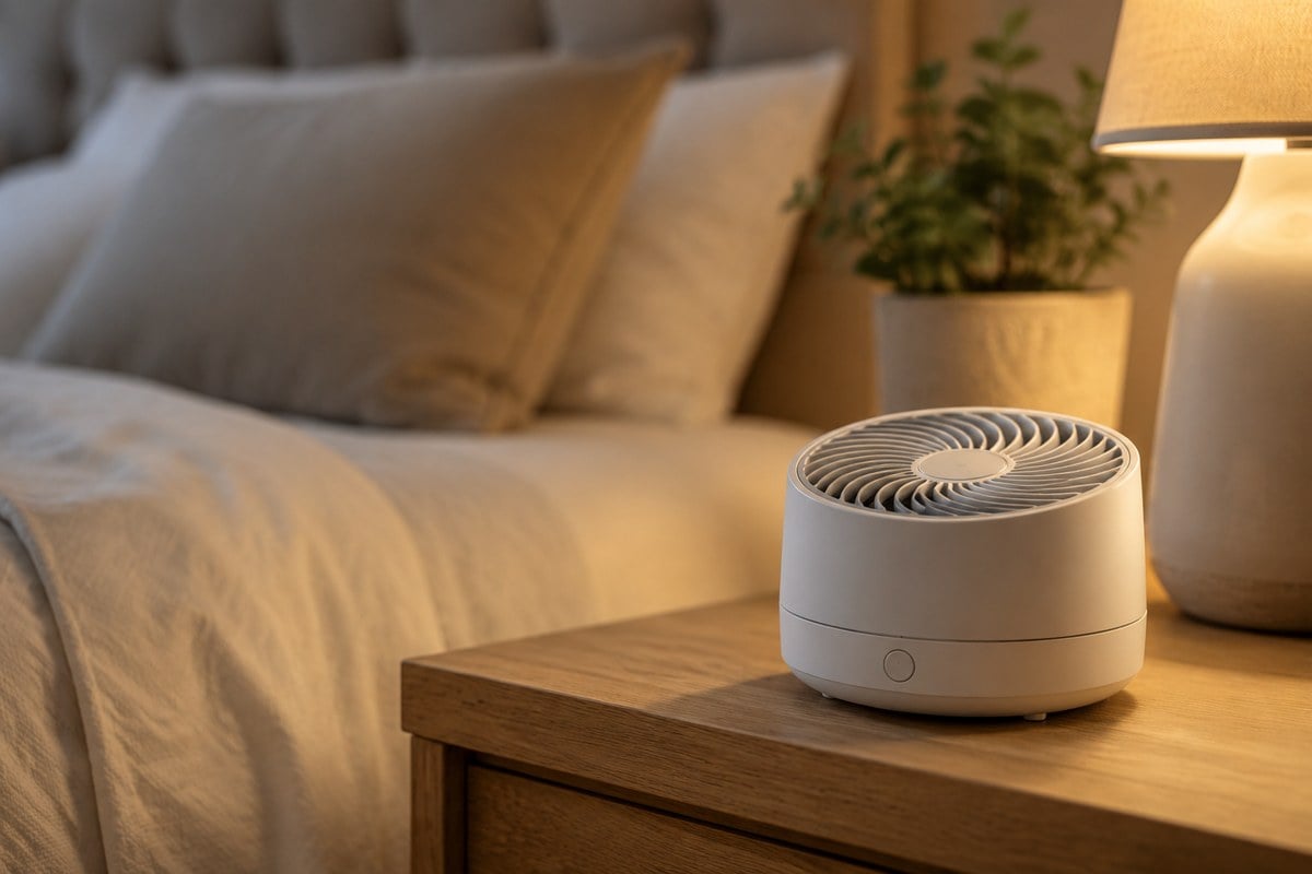 A white noise machine sitting on a bedroom nightstand beside a lamp, helping mask noise for better sleep