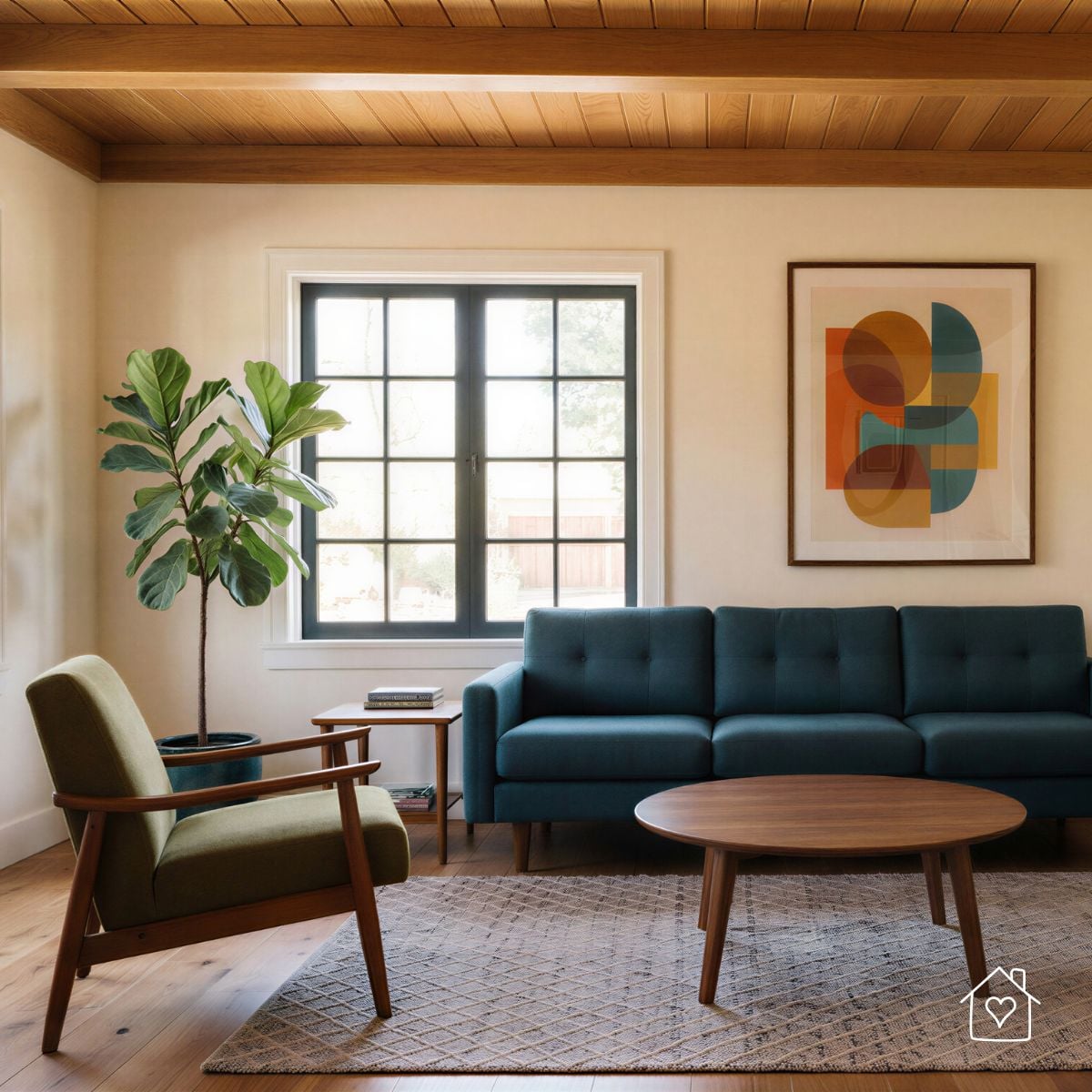 Mid-century modern living room with a teal sofa, olive-green accent chair, round wooden coffee table, and geometric wall art