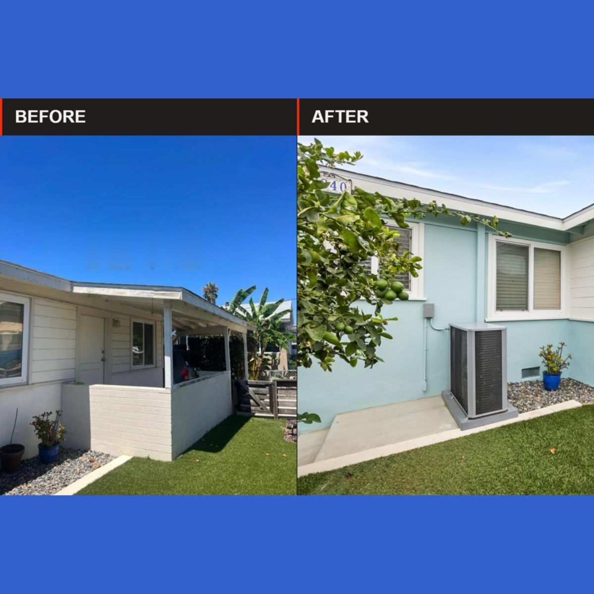 Before-and-after comparison of a home exterior renovated with a room addition