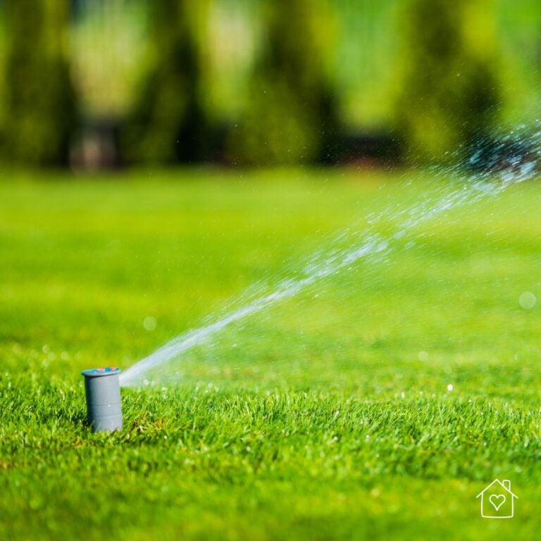 Close-up of an in-ground lawn sprinkler head spraying water across green grass