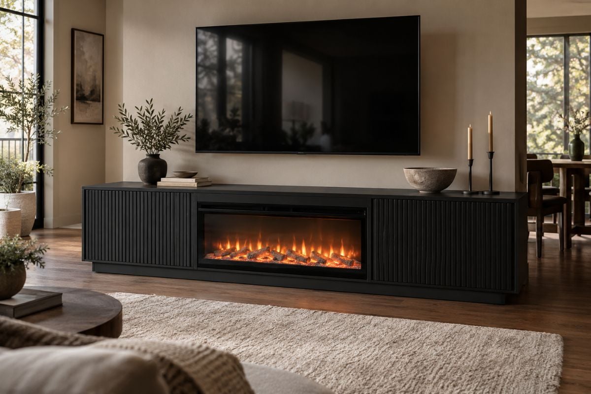 Black fluted electric fireplace tv stand with a mounted TV and candlesticks in a modern living room